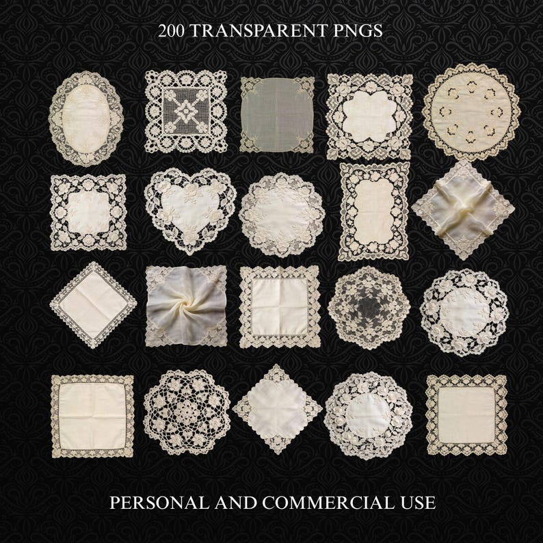 May include: A collection of twenty vintage lace doilies and handkerchiefs in various shapes, including oval, square, and heart. The doilies feature intricate lace patterns and are displayed on a black background. Text reads "200 TRANSPARENT PNGS" and "PERSONAL AND COMMERCIAL USE."