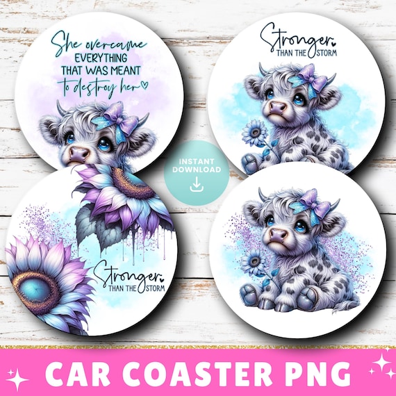 Highland Cow Car Coaster PNG: Sunflower, Positive Affirmations (Digital Download)