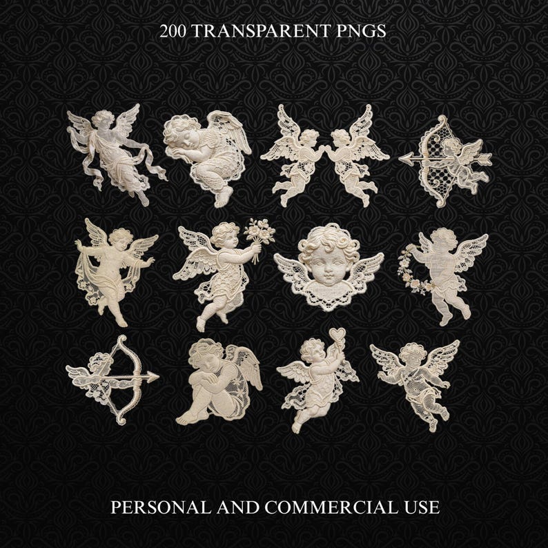 May include: A collection of 12 cream-colored angel PNG images with transparent backgrounds. The angels are in various poses, some holding flowers or bows and arrows. The text "200 TRANSPARENT PNGS" and "PERSONAL AND COMMERCIAL USE" are displayed.