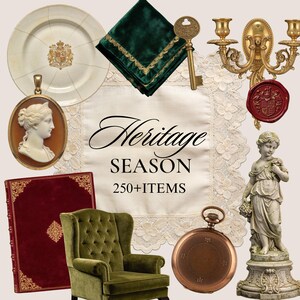 May include: An assortment of antique items, including a cameo pendant, a decorative plate, a green velvet chair, and a pocket watch. The image features the text "Heritage SEASON 250+ITEMS".