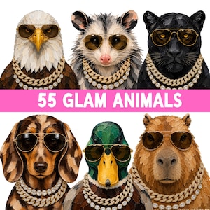 May include: A digital illustration set titled 55 GLAM ANIMALS featuring six animals including an eagle, opossum, panther, dachshund, duck, and capybara. Each animal wears gold-rimmed aviator sunglasses and layered gold chain necklaces.