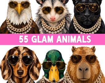 Glam Animal PNG Bundle, Preppy Gouache Animal PNG, Boujee Clip Art, Commercial use