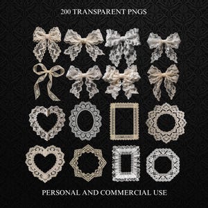 May include: A collection of 200 transparent PNGs featuring various lace designs. The image showcases lace bows, heart shapes, oval and rectangular frames, and circular designs in shades of white and cream. Text at the top reads "200 TRANSPARENT PNGS" and at the bottom "PERSONAL AND COMMERCIAL USE."
