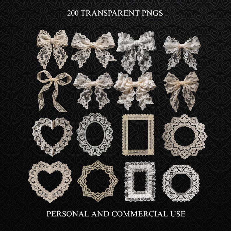 May include: A collection of 200 transparent PNGs featuring various lace designs. The image showcases lace bows, heart shapes, oval and rectangular frames, and circular designs in shades of white and cream. Text at the top reads "200 TRANSPARENT PNGS" and at the bottom "PERSONAL AND COMMERCIAL USE."
