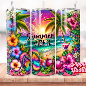 May include: A colorful summer-themed tumbler with a beach scene, palm trees, flowers, and flip-flops. The tumbler has the text "Summer Vibes" on it.