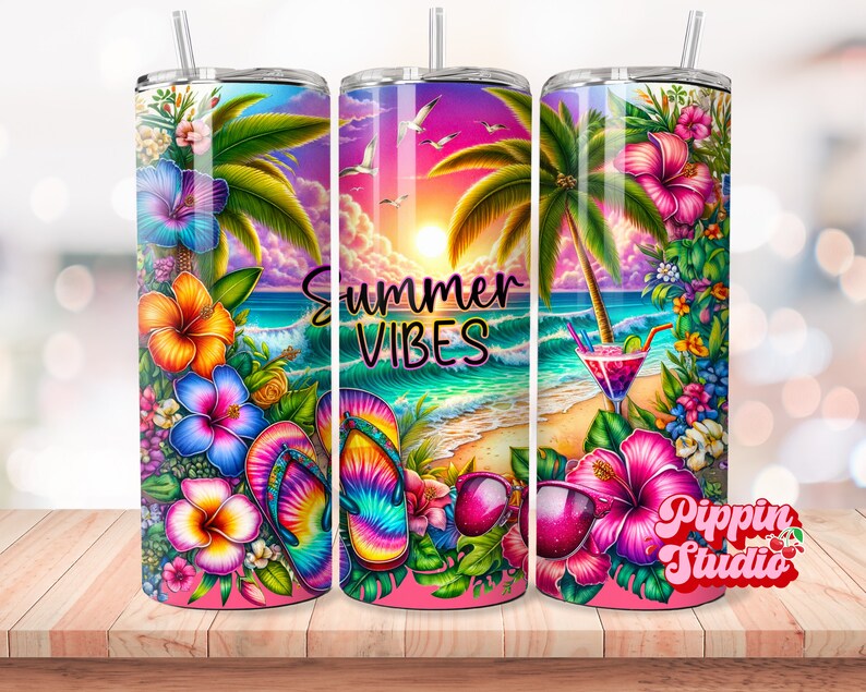 May include: A colorful summer-themed tumbler with a beach scene, palm trees, flowers, and flip-flops. The tumbler has the text "Summer Vibes" on it.