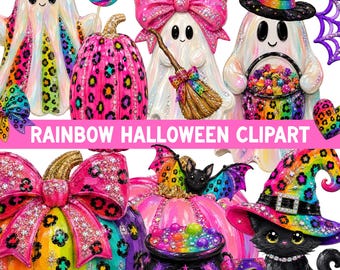 Rainbow Halloween PNG Bundle, Preppy Ghost PNG, Boujee Bling Spooky Clip Art, Commercial use