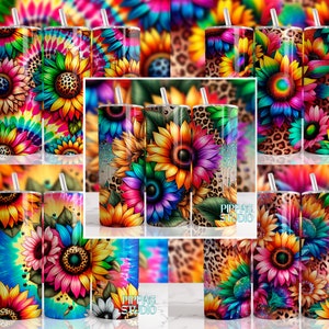 Sunflower Leopard Print Tumbler Wrap: Rainbow Flower Design (PNG Digital Download)