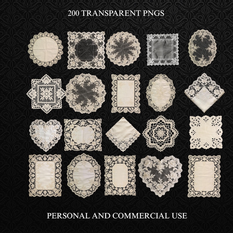 May include: A collection of 200 transparent PNGs featuring various vintage lace doilies in different shapes and designs. The doilies are in shades of white and cream, with intricate patterns. Text at the top reads "200 TRANSPARENT PNGS" and at the bottom "PERSONAL AND COMMERCIAL USE."