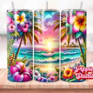 May include: Three stainless steel tumblers with a tropical beach scene and floral designs. The tumblers feature a sunset over the ocean, palm trees, and hibiscus flowers in shades of pink, yellow, and orange.