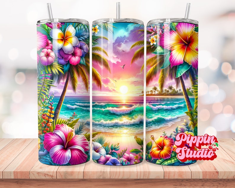 May include: Three stainless steel tumblers with a tropical beach scene and floral designs. The tumblers feature a sunset over the ocean, palm trees, and hibiscus flowers in shades of pink, yellow, and orange.