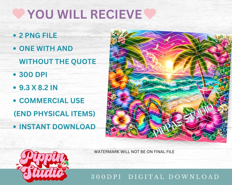 May include: A digital download of a colorful sunset beach scene with palm trees, flip flops, and a tropical drink. The image is 9.3 inches by 8.2 inches and 300 DPI.  The image includes the text "PIPPAS STUDIO".