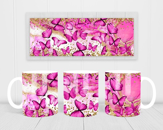 Pink Butterfly Mug Press, 11oz and 15oz Mug Wrap Template, Coffee Mug Sublimation