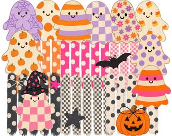 Preppy Ghost Stripe PNG Bundle, Colorful Backgrounds, Polka Dot Stripes, Bows, Stars, Spooky Clipart, Commercial use