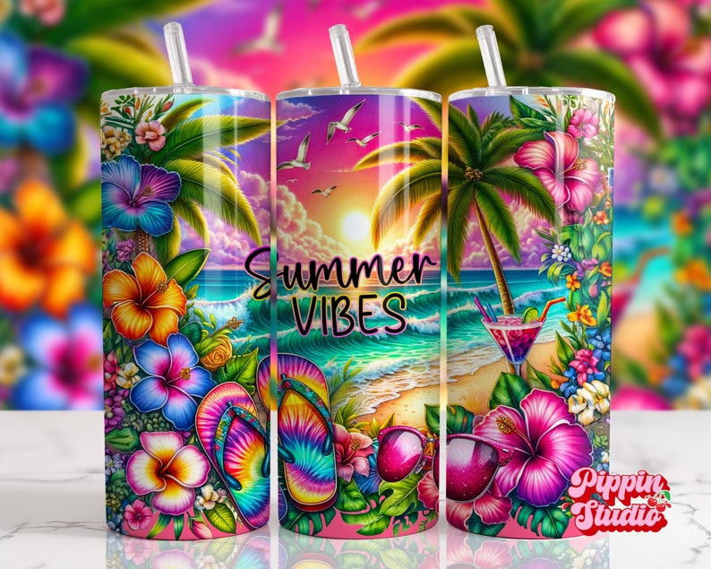 May include: A colorful summer themed tumbler with a beach scene, palm trees, flowers, and flip flops. The tumbler has the text "Summer Vibes" on it.