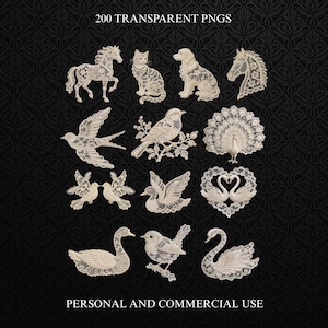 May include: A collection of transparent PNG images featuring intricate lace designs. The designs include various animals such as horses, cats, dogs, birds, swans, and a peacock. The text at the top says "200 TRANSPARENT PNGS" and the text at the bottom says "PERSONAL AND COMMERCIAL USE".