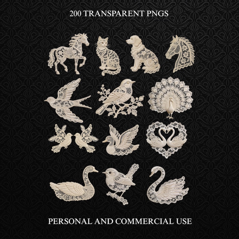 May include: A collection of transparent PNG images featuring intricate lace designs. The designs include various animals such as horses, cats, dogs, birds, swans, and a peacock. The text at the top says "200 TRANSPARENT PNGS" and the text at the bottom says "PERSONAL AND COMMERCIAL USE".