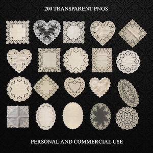 May include: A collection of 200 transparent PNGs featuring various vintage lace doilies in heart, square, and oval shapes. The doilies are in shades of cream and white, with intricate floral and geometric patterns. Text reads "200 TRANSPARENT PNGS" and "PERSONAL AND COMMERCIAL USE."