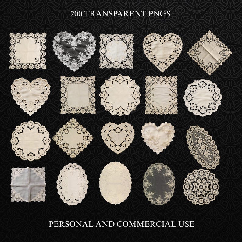 May include: A collection of 200 transparent PNGs featuring various vintage lace doilies in heart, square, and oval shapes. The doilies are in shades of cream and white, with intricate floral and geometric patterns. Text reads "200 TRANSPARENT PNGS" and "PERSONAL AND COMMERCIAL USE."