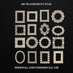 May include: A collection of 16 vintage-style lace frames in various shapes, including square, rectangular, and oval. The frames are a cream color and are set against a black background with a subtle pattern. Text at the top reads "200 TRANSPARENT PNGS" and at the bottom "PERSONAL AND COMMERCIAL USE".