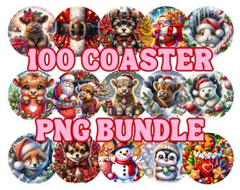 May include: A digital collection of 100 circular Christmas-themed coaster designs featuring illustrations of Highland cows, Santa Claus, puppies, a polar bear, a snowman, a penguin, and a gingerbread man with the text 100 COASTER PNG BUNDLE.