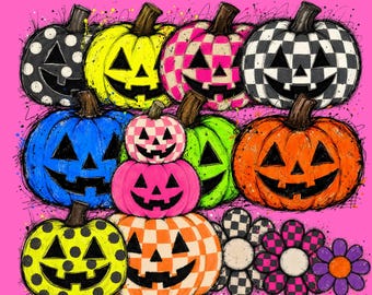 Bright Halloween Pumpkin PNG Bundle, Preppy Pumpkin Halloween PNG, Spooky Clipart, Commercial Use