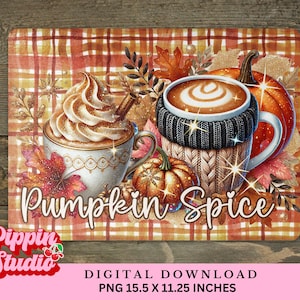 May include: A digital download of a fall-themed graphic featuring a mug of coffee with a knitted cozy, a pumpkin spice latte, and a pumpkin. The graphic has a plaid background and the text "Pumpkin Spice" in a brown font.