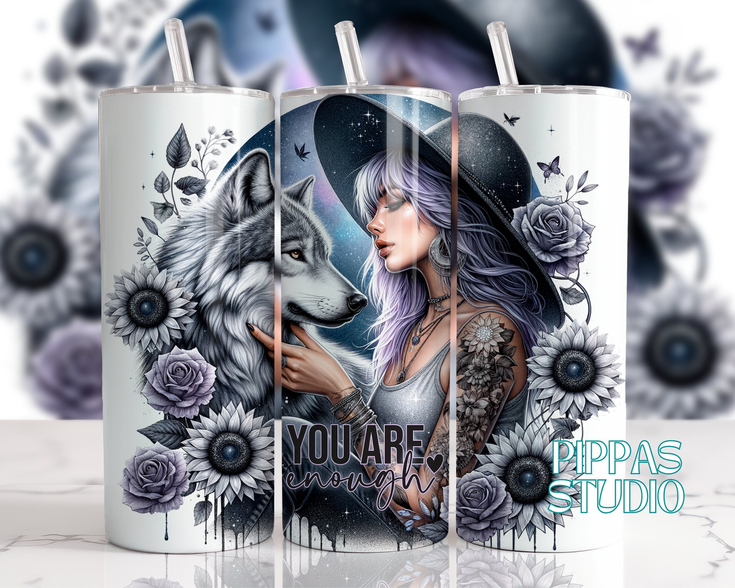 Celestial Wolf Tumbler Wrap: Positive Affirmation Design (PNG)