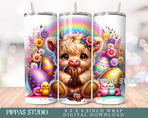 Highland Cow Easter Tumbler Wrap, 20 oz Skinny Design (PNG Digital Download)