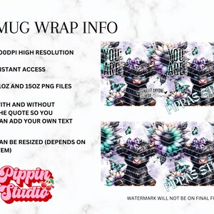 K&ouml;nnte beinhalten: Digitales Tassen-Wrap-Design mit einer Highland-Kuh mit lila Schleife, umgeben von Blumen und Schmetterlingen. Das Design enth&auml;lt den Text "YOU ARE" und "Don't let anyone tell you otherwise." Das Pippas Studio-Logo ist ebenfalls sichtbar.