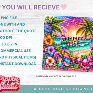 May include: A digital illustration of a summer scene with palm trees, flip flops, flowers, and the text "Summer Vibes". The background is a sunset with a beach and ocean.