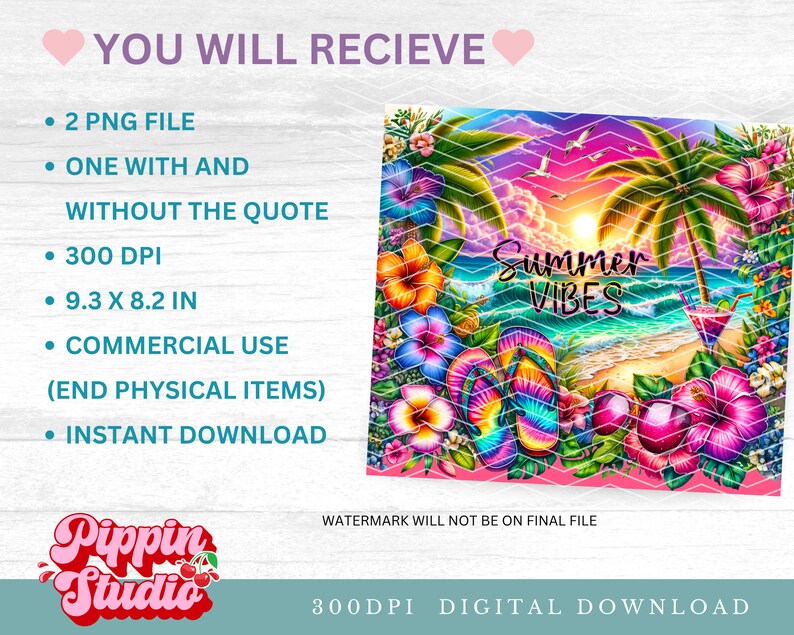 May include: A digital illustration of a summer scene with palm trees, flip flops, flowers, and the text "Summer Vibes". The background is a sunset with a beach and ocean.