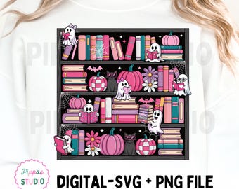 May include: White sweatshirt featuring a black bookshelf design filled with books, pumpkins, ghosts, and flowers. The design includes the text "DIGITAL-SVG + PNG FILE" in black. The design is in a cartoon style.