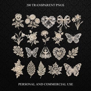 May include: A collection of 200 transparent PNGs featuring delicate, off-white lace designs. The image showcases various floral elements, butterflies, leaves, and heart shapes. Text at the top reads "200 TRANSPARENT PNGS" and at the bottom "PERSONAL AND COMMERCIAL USE".
