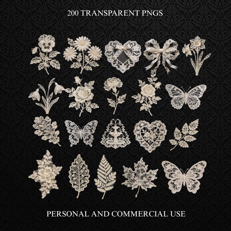 May include: A collection of 200 transparent PNGs featuring delicate, off-white lace designs. The image showcases various floral elements, butterflies, leaves, and heart shapes. Text at the top reads "200 TRANSPARENT PNGS" and at the bottom "PERSONAL AND COMMERCIAL USE".