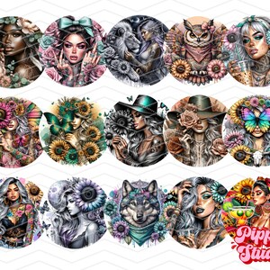 以下が含まれることがあります： 女性、動物、花をカラフルに描いた丸いステッカー12枚セット。ノートパソコン、水筒、日記などに遊び心を加えるのに最適です。