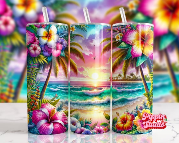 Beach Sunset Tumbler Wrap: Hibiscus, Plumeria (20 oz Skinny Tumbler PNG)