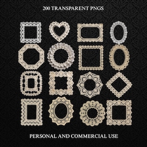 May include: A collection of transparent PNGs featuring various lace frame designs in cream and white. The frames include square, heart, oval, and circular shapes, with intricate floral patterns. Text at the top reads "200 TRANSPARENT PNGS" and at the bottom "PERSONAL AND COMMERCIAL USE."