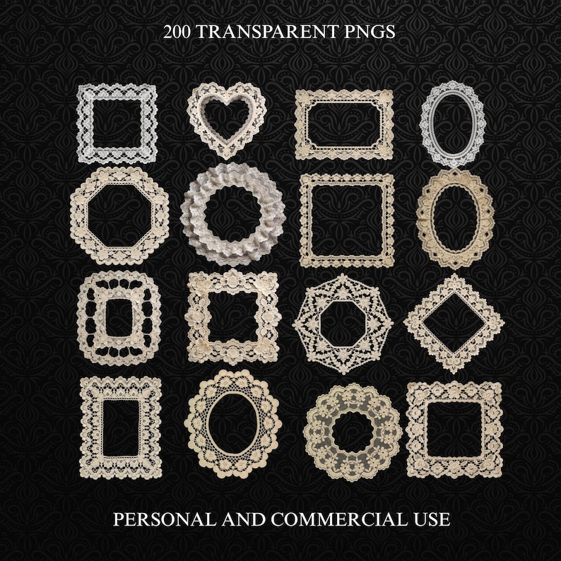 May include: A collection of transparent PNGs featuring various lace frame designs in cream and white. The frames include square, heart, oval, and circular shapes, with intricate floral patterns. Text at the top reads "200 TRANSPARENT PNGS" and at the bottom "PERSONAL AND COMMERCIAL USE."