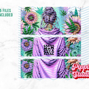 May include: A digital illustration of a woman with purple hair wearing a pink hoodie with the text "Canna Mom Get A Break" printed on the back. The woman is surrounded by green leaves and pink flowers.