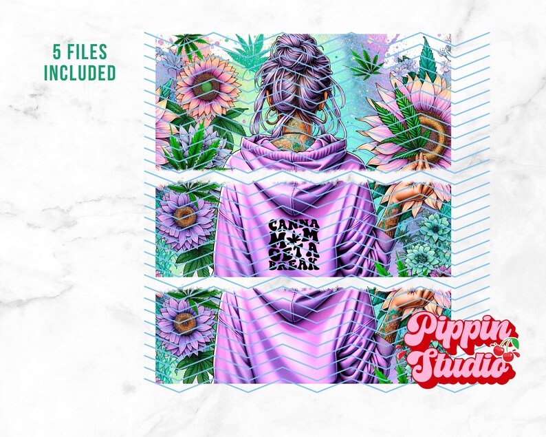 May include: A digital illustration of a woman with purple hair wearing a pink hoodie with the text "Canna Mom Get A Break" printed on the back. The woman is surrounded by green leaves and pink flowers.