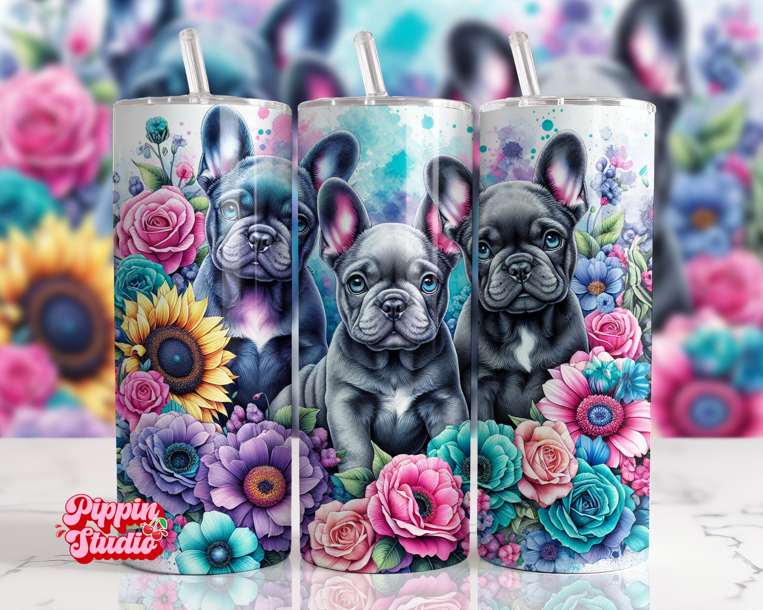 Floral French Bulldog 20oz Tumbler Wrap (PNG)