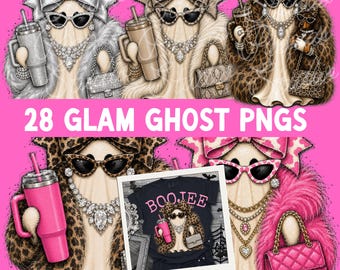 Glam Ghosts PNG Bundle, Preppy Ghost PNG, Boujee Bling Spooky Clip Art, Commercial use