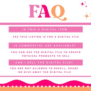 Op de afbeelding: Roze en oranje grafiek met het woord "FAQ" in grote roze en oranje letters. De grafiek bevat een lijst met vragen en antwoorden over digitale items, waaronder of commercieel gebruik is toegestaan.