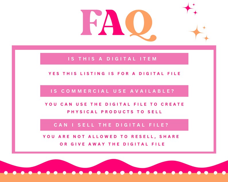 Op de afbeelding: Roze en oranje grafiek met het woord "FAQ" in grote roze en oranje letters. De grafiek bevat een lijst met vragen en antwoorden over digitale items, waaronder of commercieel gebruik is toegestaan.