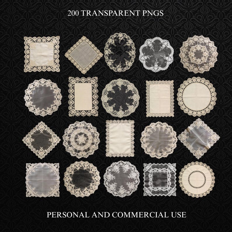 May include: An assortment of 20 decorative lace doilies in various shapes, including squares, circles, and ovals. The doilies are white and cream-colored, with intricate lace patterns. The text "200 TRANSPARENT PNGS" and "PERSONAL AND COMMERCIAL USE" are also visible.