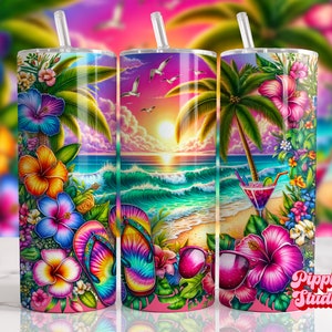 May include: A colorful tropical sunset scene with palm trees, flowers, and flip flops on a beach. The scene is printed on a white tumbler with a pink lid and straw.