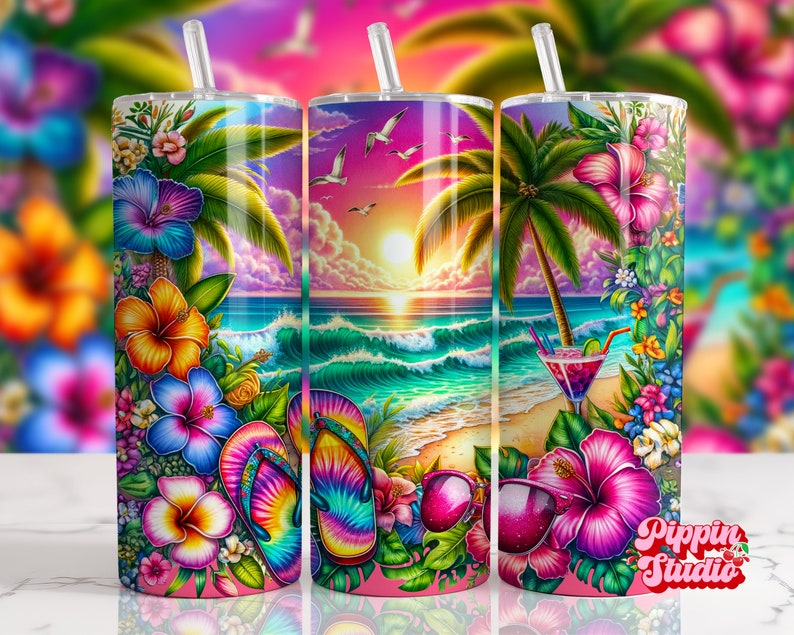May include: A colorful tropical sunset scene with palm trees, flowers, and flip flops on a beach. The scene is printed on a white tumbler with a pink lid and straw.