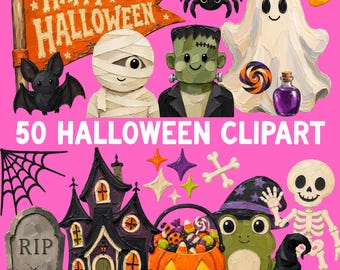 Halloween Clipart Bundle, Gouache Halloween PNG Set, Spooky Design Bundle, Commercial use