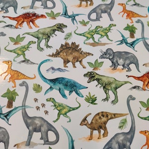 Könnte beinhalten: Ein weißer Hintergrund mit einer Vielzahl von bunten Dinosauriern, darunter ein grüner Tyrannosaurus Rex, ein brauner Stegosaurus, ein blauer Plesiosaurus und ein rot-oranger Spinosaurus.